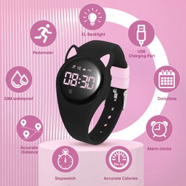 Bigmeda Kids Watch, Digital Watch, Sport Watch with Alarm Clock, Stopwatch, Waterproof Fitness Tracker with No App for Ages 5-12 Children (MEHeipin-Black Pink)