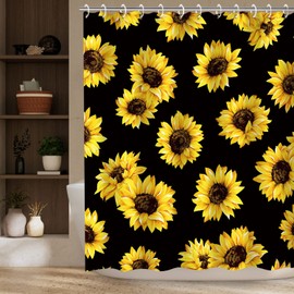 LIVILAN Black Sunflower Shower Curtain, Floral Bathroom Curtains, 72''W x 72''H
