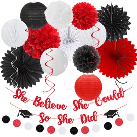 2025 Congrats Graduation Party-Decorations Banner-Streamers - 21pcs Black White-Red Congratulations Grad Backdrop Decor,Tassel Garland,Tissue Pom Poms Honeycomb,Paper Lantern Fans Hugtmr