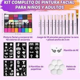 GUIBELL Kit Pintura Facial y Corporal 42 Colores Glitter con Accesorios Incluye plantillas, pinceles y accesorios, ideal para fiestas, Halloween, Navidad y eventos deportivos