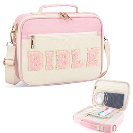 Bible Cover Case for Women Grils, Preppy Bible Bag with Adjustable Shoulder Strap, Waterproof Bible Carrying Tote Bags Holder for Bible Study Supplies Accessories & Christian Gifts (Light Pink)