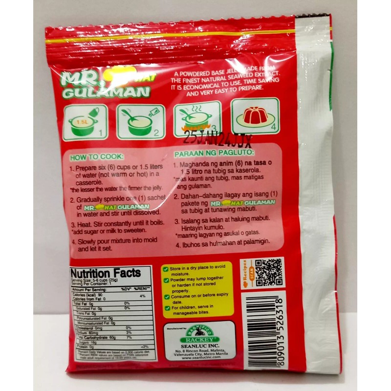 Mr. Hat Gulaman Unflavored Jelly Powder RED (4 Sachets x
