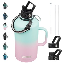 BJPKPK 2/3 Gallon Water Bottle Insulated with Straw Lid, 50oz, 64oz, 87oz, 128oz Large, Stainless Steel Water Bottles with 3 Lids and Paracord Strap, Double Wall Vacuum Metal Water Jug,Marshmallow
