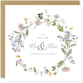 Beau Willows Congratulations Wedding Card Green Botanical Wildflowers - Mr & Mrs Wedding Greeting Cards