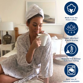 Allure 2 Pack Hair Towel Wrap 100% Cotton - Soft, Absorbent, Quick Drying Adjustable Button Hair Drying Towel (Silver)