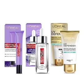 LOreal Paris Kit Revitalift cido Hialurnico con Serum Facial, Crema de Ojos y Protector Solar UV Defender