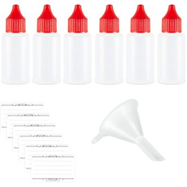 Set of 6 30 ml soft round empty LDPE bottles with dropper insert + funnel + labels (red seal)