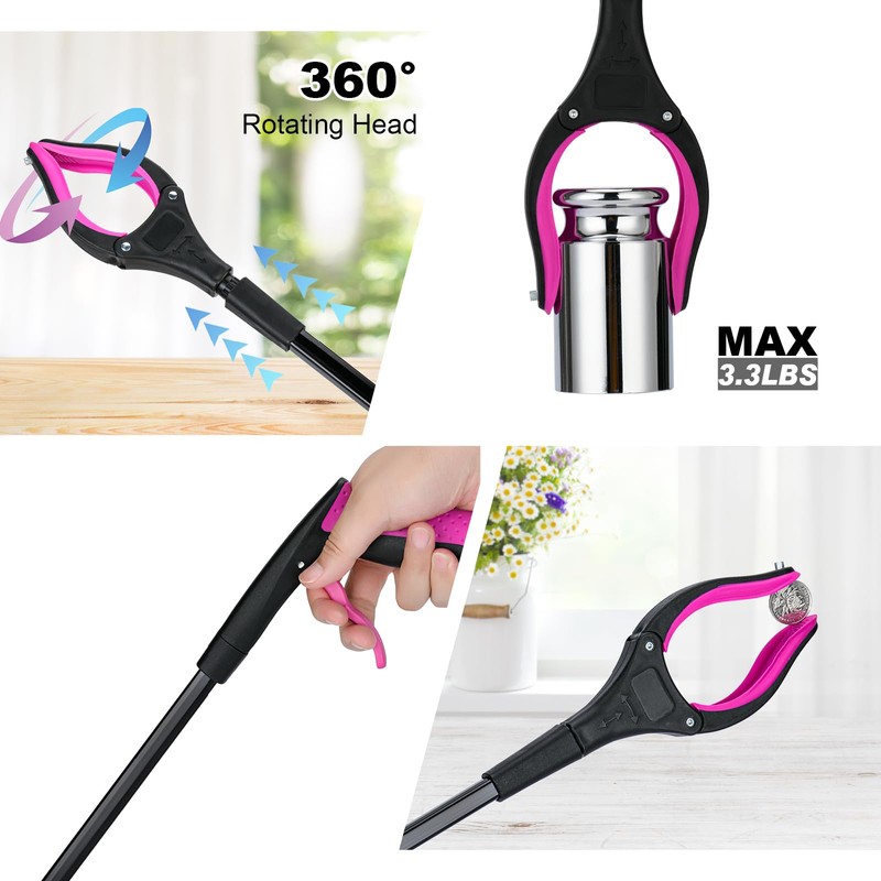 32" Grabber Reacher Tool, 360° Rotating Head, Wide Jaw, Foldable