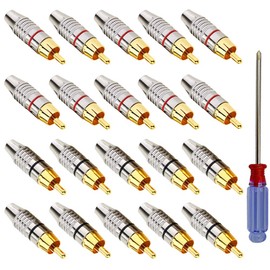 QitinDasen 20Pcs Premium RCA Male Plugs, Gold Plated RCA Plug Audio Video Connector, RCA Male Solderless Plug Screws Audio Video in-Line Jack Adapter, for Multimedia and CCTV (Red & Black Circle)