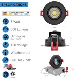 Quest LED 3 Inch Adjustable Gimbal LED Round Canless Recessed Lights Black Trim (4 Pack), 5 CCT: 2700K - 5000K Selectable, 8 Watt 600 Lumens, CRI 90, Recessed LED Lights, Dimmable, 5000K Day Light
