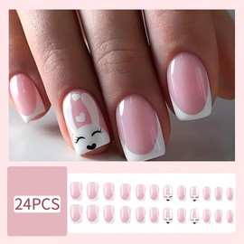 Doneace 24Pcs Easter Press on Nails Short Square Fake Nails White French Tip Full Cover Glue on Nails Solid Color Glossy Bunny Designs Cute False Nails Stick on Nails for Women Girls Manicure Kit