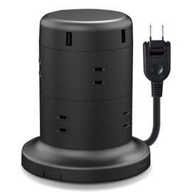 Elecom ECT-0620BK Tower-shaped Power Strip, Extension Cord, 8 Outlets, 5 USB Ports, Lightning Guard, Dust Shutter, Mounting Parts Included, 6.6 ft (2 m), Black