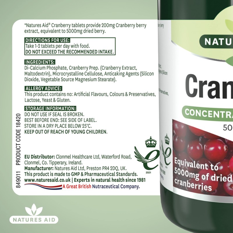 Natures Aid Cranberry 200mg – High Strength Tablets – Supports