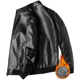 PEGENO Men's Stand Collar Leather Jacket Lightweight Faux Leather Motorcycle Jacket,Plush Black,X-Large