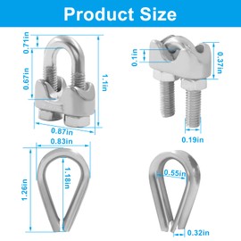 OSVJE 12Pcs 3/16" M5 Cable Clamps & 10 Pcs M5 Wire Rope Thimbles, Stainless Steel Rigging Kit for 3/16 Inch Steel Cable, Stable and Corrosion-Resistant for Home, Outdoor, and Industrial Use