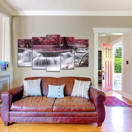 SATINO 5 Pieces Modern Large Canvas Peaceful Waterfall Wall Art Pink Trees Scenery Forest Black and White Landscape Pictures Paintings on Canvas for Living Room Bathroom Bedroom Home Office Decor