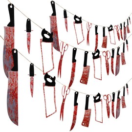 Favuit Halloween Party Decorations Bloody Banner, Horror Movie Theme Scary Garland Hanging Decor, Creepy Spooky Knives Props Party Supplies for Indoor Outdoor Haunted House Bar Home Wall Decoration