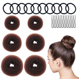 Pack of 6 Bun Cushions, Doughnut Hair Bun Maker Set with 10 Elastic Hair Bands and 10 U-Shaped Hair Pins, VEGCOO Bun Pillow Small and Large Nylon Hair Donut Brown Bun Aid for Children Girls