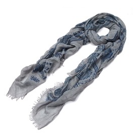 Unique Viscose Aztec Elephant & Paisley Print Frayed End Scarf, Grey