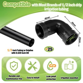 Pangda 25 Pack 1/2-inch Drip Irrigation Parts Drip Irrigation Connectors Fitting for Supply Tubing and Dripline with 0.620 Inch Od, Black(Compression Elbows)