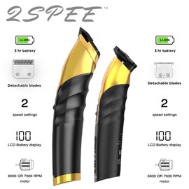Supreme Trimmer 2-in-1 2Spee Beard Trimmer & Hair Clipper Combo | Removable Blades, 2 Speeds, LCD Display | Cordless Professional Barber Tools - Easy Color Coded Clipper Guide Combs | STB280 (Gold)