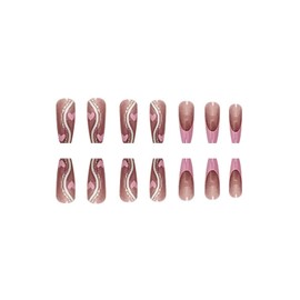 Pink Fake Nails Valentine’s Day Press on Nails Medium Length Acrylic Nails Heart Waves Stick on Nails Coffin Shape Artificial Nails Full Cover Glossy False Nails for Women Girls Manicure Decoration