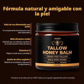 VIORY Bálsamo de sebo y miel para cara, sebo de res para la piel, humectante con sebo de res 100% orgánico alimentado con pasto y miel cruda silvestre