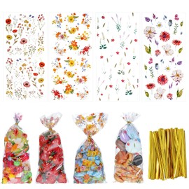 100 Pcs Wildflower Party Treat Bags Clear Floral Candy Cookie Packing Plastic Goodie Bags Gift Supplies 4 Design for Baby Shower Bridal Shower Birthday Wedding Party Favors