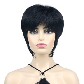 Wiginway Short Straight Full Synthetic Wigs Shaggy Hairstyle Layered Wigs with Bangs Natural Fashion Wigs Jet Black
