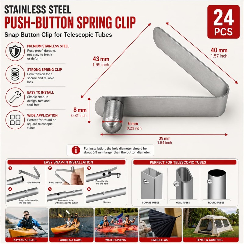 Lechengjia 24 Pcs Tent Pole Push Button Spring Snap Clips,