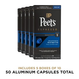 Peet's Coffee, Medium Roast Decaf Espresso Capsules, Compatible with Nespresso Original Machine - Decaf Ristretto Intensity 10, 50 Count (5 Boxes of 10 Espresso Capsules)