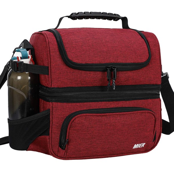MIER Dual Compartment Lunch Bag Tote with Shoulder Strap for Men and Women Insulated Leakproof Cooler Bag, Dark Red