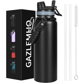 GAZLEMHO 40 oz Insulated Water Bottle with Straw& Spout 2-in-1 Lid, Triple Wall Vacuum Stainless Steel Cold 48H, Leak Proof Sports Metal Flask Jug with Paracord Handle, Black