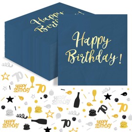 40 Pieces Blue Gold Birthday Napkins + 70th Birthday Confetti Gold Black 15g, 70th Happy Birthday Napkins Confetti Set Birthday Party Table Decorations