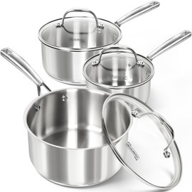 MICHELANGELO Stainless Steel Saucepan Set with Lid, Premium Triply Stainless Steel Sauce Pan with Cool Handle, Nonstick Sauce Pot Set for Kitchen Cooking, Induction Compatible, 1QT & 2QT & 3QT