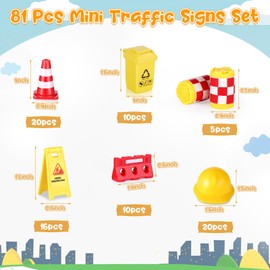 81 Pcs Mini Traffic Signs for Kids Mini Construction Toys Road Street Warning Signs Miniature Plastic Traffic Cones Garbage Can Roadblocks Safety Educational Playset for Kids Boys Girls