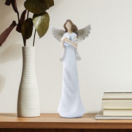 Asiuriys Guardian Angel Figurine, Praying Sculpture for Gifts Home Decoration Encouragement Statue to Show Love Sympathy Gratitude Bereavement Friendship(Sliver Heart), White,Silver
