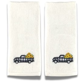 Decorative Fall Hand Towels: Farmhouse Black White Check Truck with Sunflowers Load Embroidered Design, Plush Velour Cotton, Set of 2 (Country Truck)