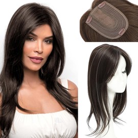 UDU Hair Toppers for Women with Thinning Hair Synthetic Hair Toppers Hair Pieces for Women Ladies Dark Brown Highlights Muti-layer Long Straight Wavy Clip in Wiglets with Fringe bangs