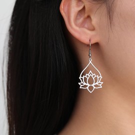 TEAMER Stainless Steel Lotus Flower Dangle Earrings Bohemian Drop Earring Unique Geometric Jewelry for Women (Lotus 7-Steel Color)