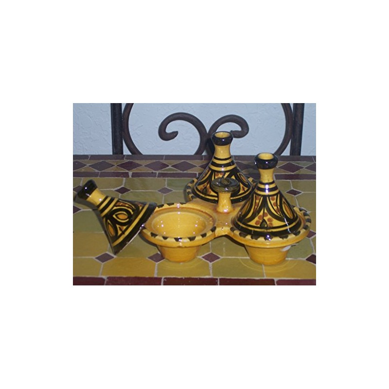 Handmade Moroccan Ceramic Triple Tagine Yellow Spice Holder