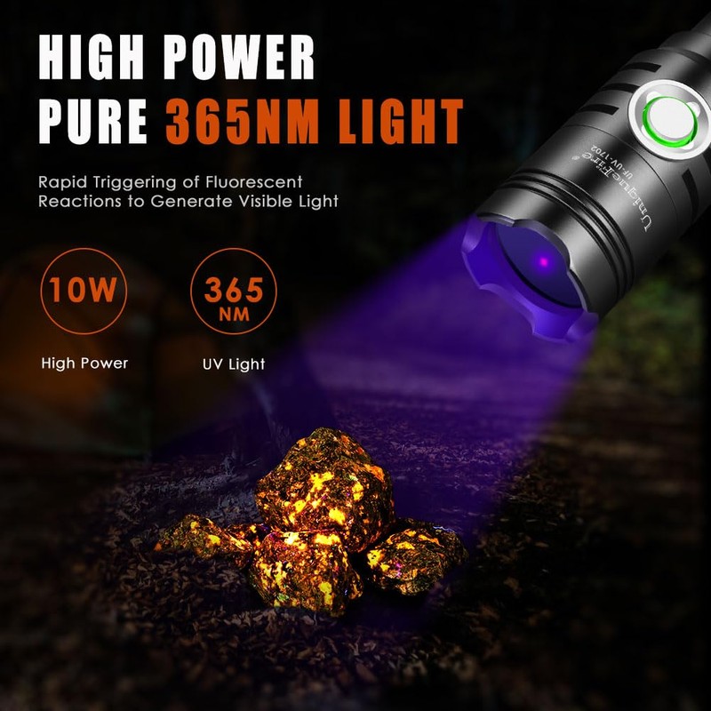 UniqueFire 1702 365nm UV Black Light Flashlight, High Power USB-C