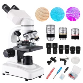 Levhorzn Binocular Microscope for Adults Kids Students, 64X-6000X Microscopes, 3 Objective Lens, Metal-Body Dual LED Illumination, Biological Compound Microscope Kit for School Lab, Homeschool