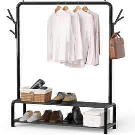 Simple Houseware 52-Inch Garment Rack with Storage Shelves and Coat/Hat Hooks, Freestanding Clothing Organizer, Black