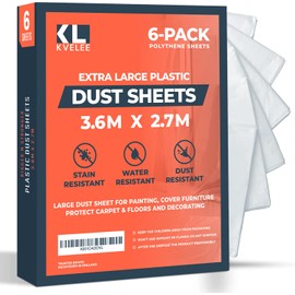 KVELEE 6 Pack Extra Large Plastic Dust Sheets for Decorating 3.6 x 2.7m (12 x 9ft), Dust Sheet for Painting & Covering Furniture, Plastic Sheeting for Floor Protection, Polythene Sheeting for Painting