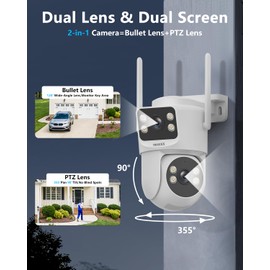 OOSSXX (2-Way Audio & Auto Tracking) Dual Lens PTZ Outdoor Extend Security Camera, 2.5K Wireless Cameras 2.4G/5G WiFi for Home Security System, Color Night Version, Motion Detection