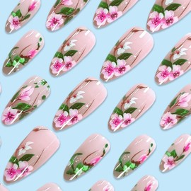 Spring Flowers Press on Nails Almond Medium Fake Nails Pink Floral Acrylic Nails Sakura Leaf False Nails Glossy Artificial Nails Glue on Nails for Women Girls Manicure Art Decoration 24Pcs