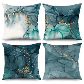 ChloropLastid Abstract Marble Throw Pillow Covers Set of 4 Modern Teal Blue Marble Texture Cushion Case 18x18 Inches Aesthetic Art Painting Accent Pillowcase for Sofa Bed Chair Decor Square