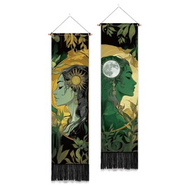PLIGREAT Pack of 2 Sun Moon Tapestries with Tassels, Aesthetic Goddess Art Wall Hanging Vertical Green Plants Home Tapestry for Bedroom Living Room Long Narrow Decor, 130 x 33 cm