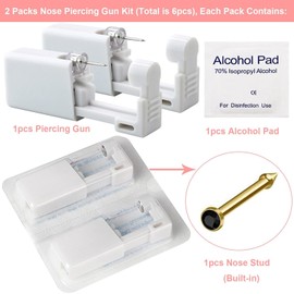Lyuxzad Nose Piercing Gun Kit 6Pcs Disposable Nose Piercing Kit Including 2Pcs Self Nose Piercing Gun with 2Pcs Built-in Nose Stud and 2Pcs Clean Tools for Nose Cartilage Piercing Kit(Gold) (Black)